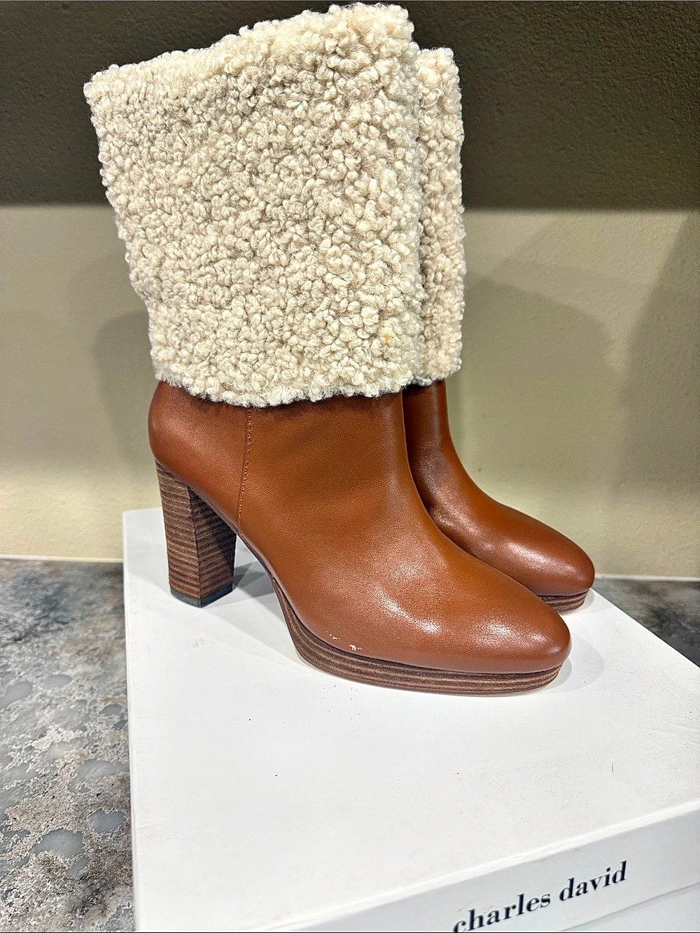 Charles David Brown & Cream Shearling Heeled Boots New